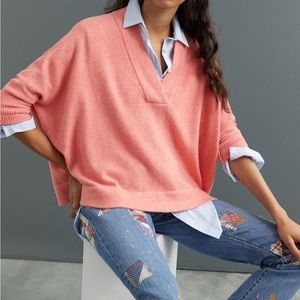 Anthropologie V-Neck Slouchy Cozy Lightweight Sweater in Coral Pink S/M $120